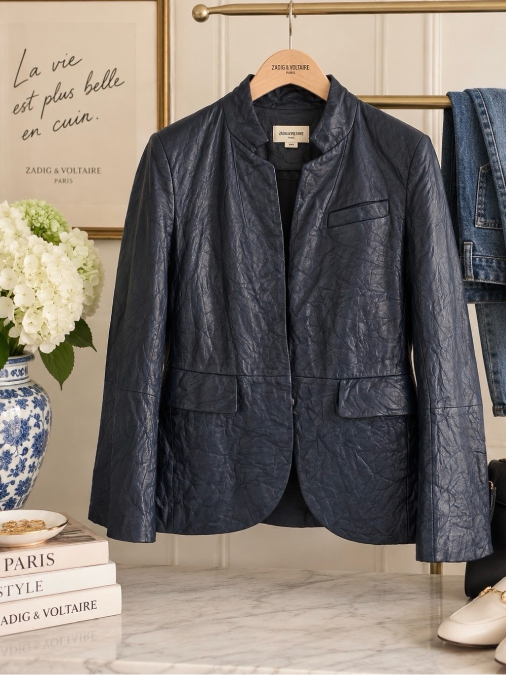 Zadig & Voltaire Cuir Froissé Crinkled Leather Blazer Navy/Encre FR 38 / US S-M